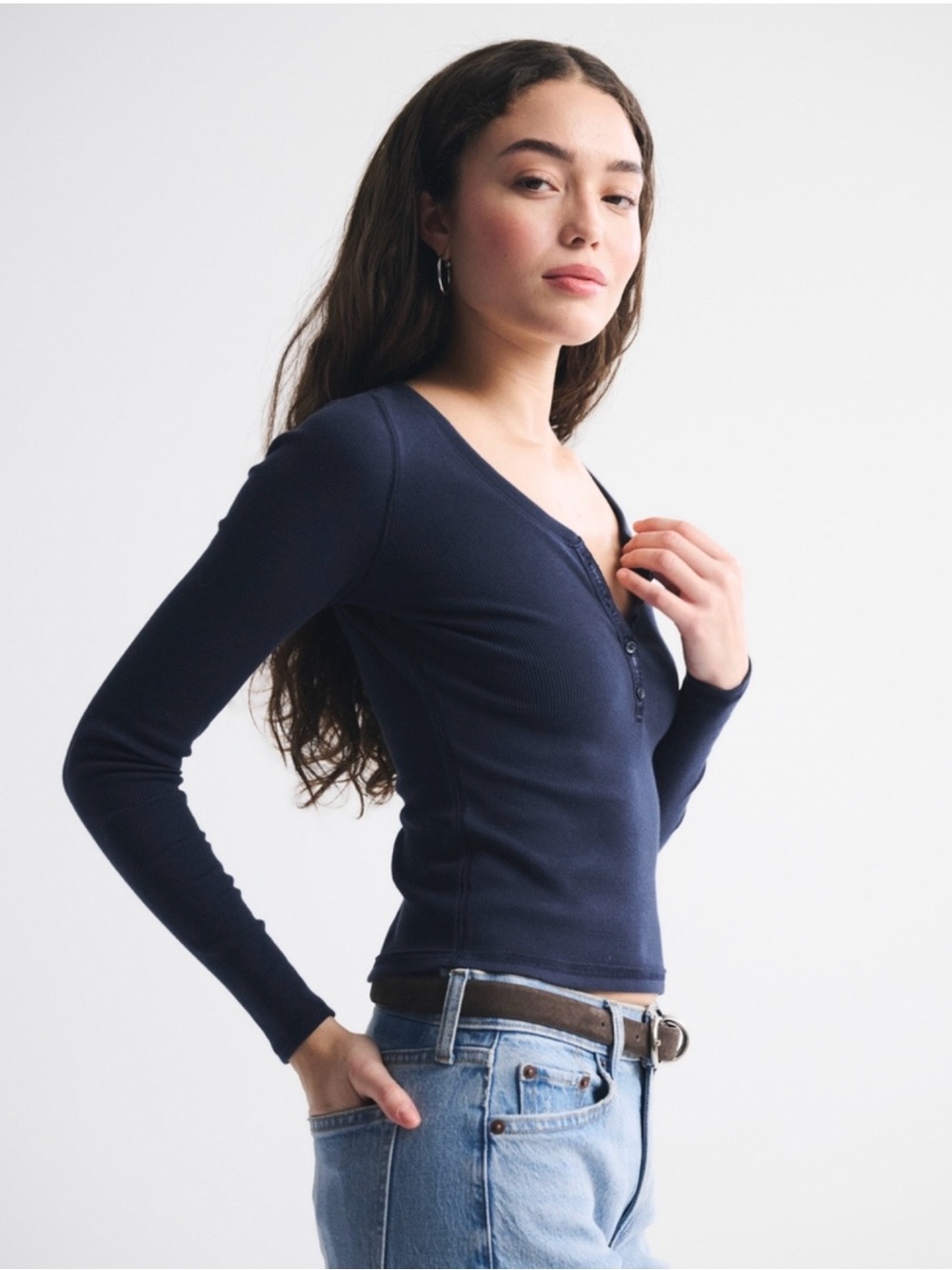 Abercrombie & Fitch Navy Ribbed Henley Top
